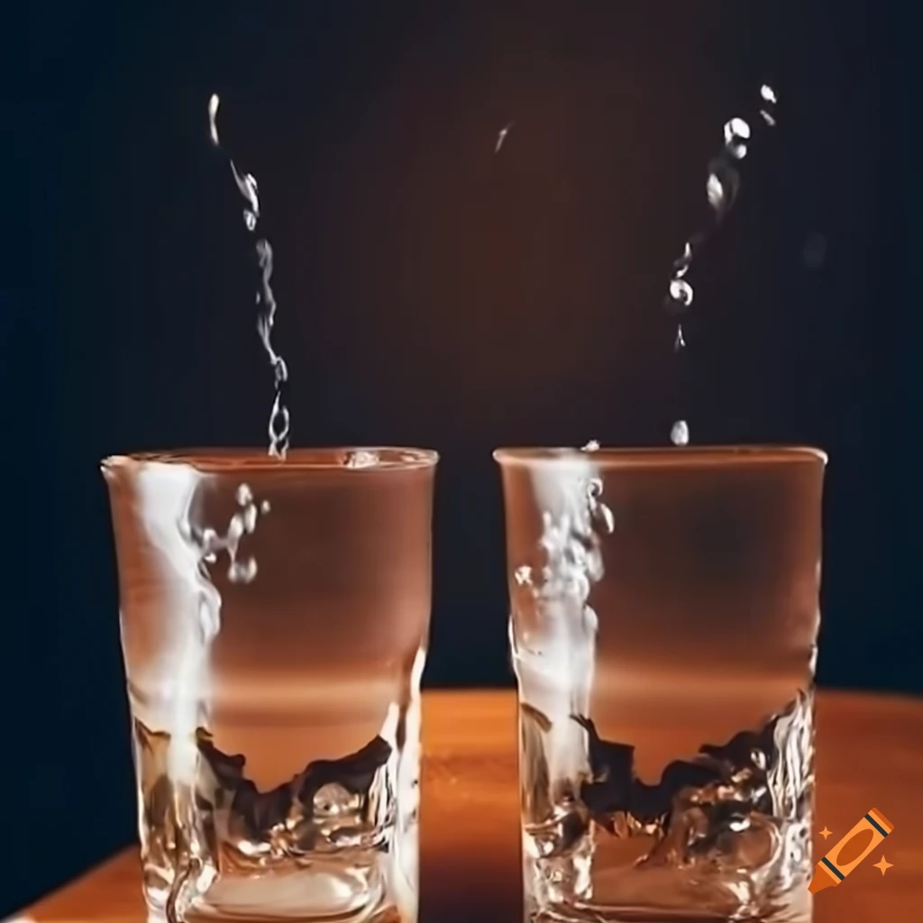 Cracked clay vessel pouring water into two glasses