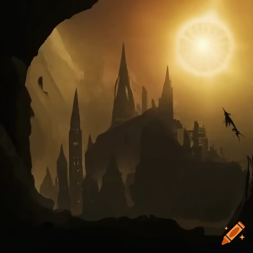 Medieval city in a cave with sunlight shining through a hole above