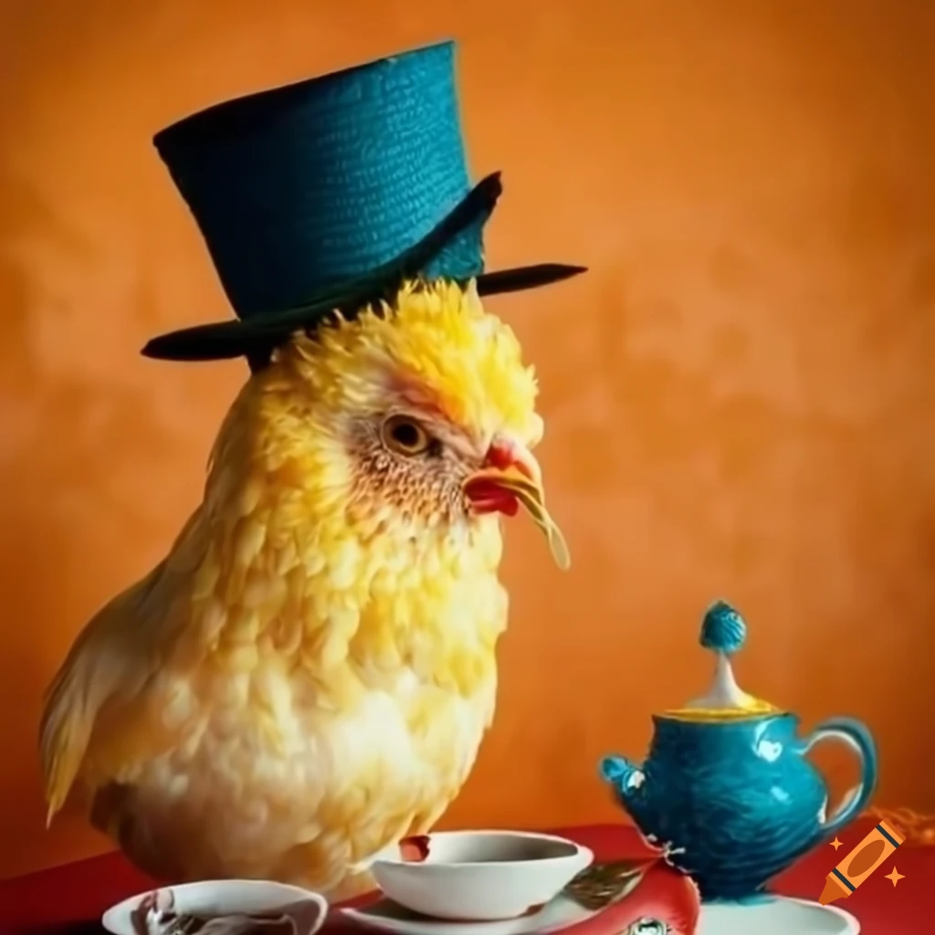 Chickens dressed in top hats and dresses having a tea party