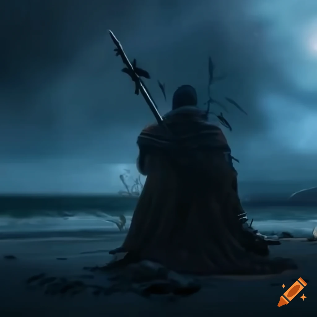 Depressive knight in desolate battlefield under the rain