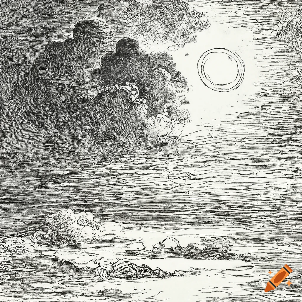 Cloudy sky with a sun beam in black and white ink drawing by Gustave Doré