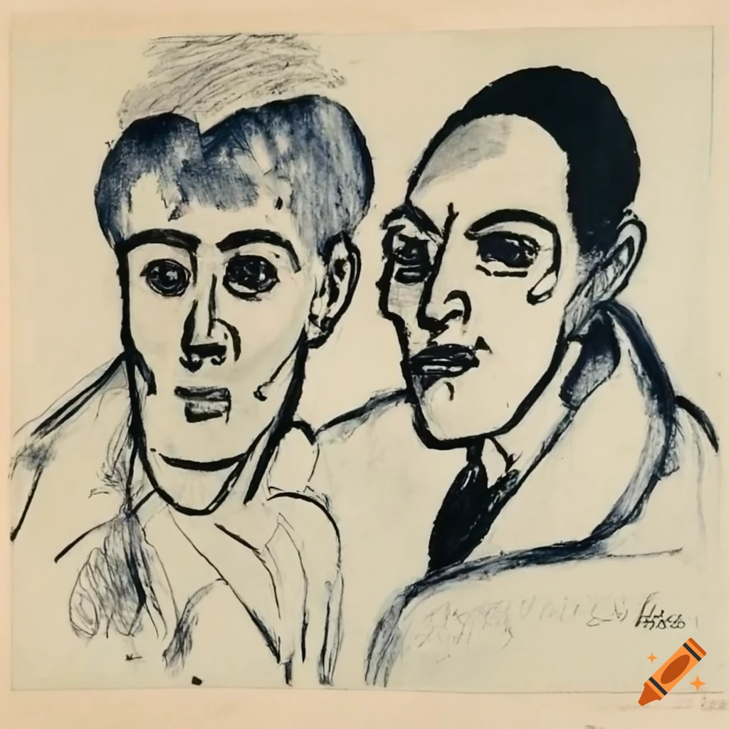 Four older men engaged in conversation in an artistic drawing with sharp thin lines and varied tones