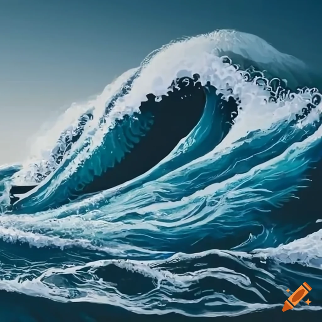 Dynamic Japanese wave crashing onto the shore
