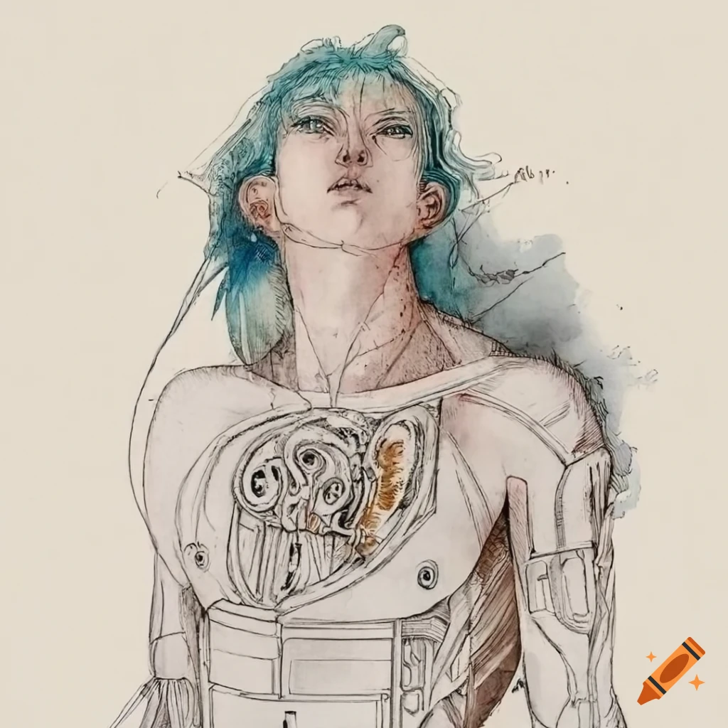 Young male cyborg in a white high-tech bodysuit with light cyan hair in a watercolor style