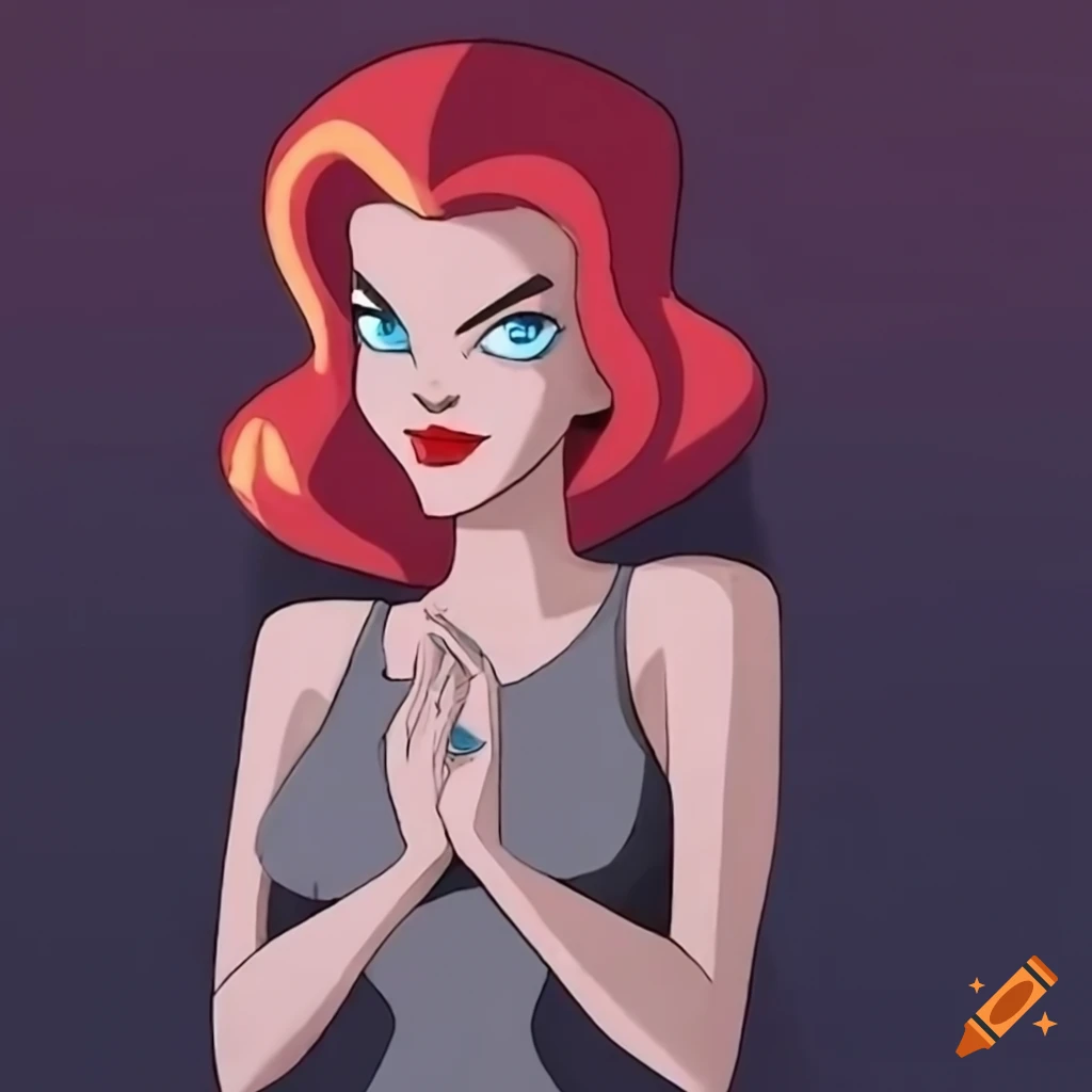 Barbara with red hair and ice-blue eyes laying in bed in a dark gray sleeveless t-shirt