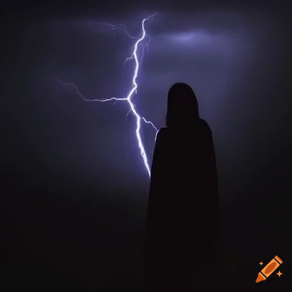Lightning shining persona resembling Jesus Christ in darkness