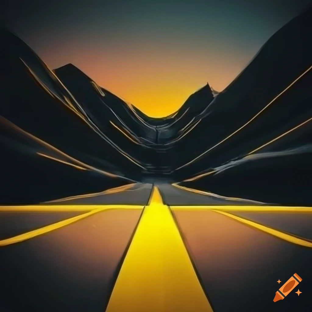 Futuristic black and yellow road with mountains on the edge