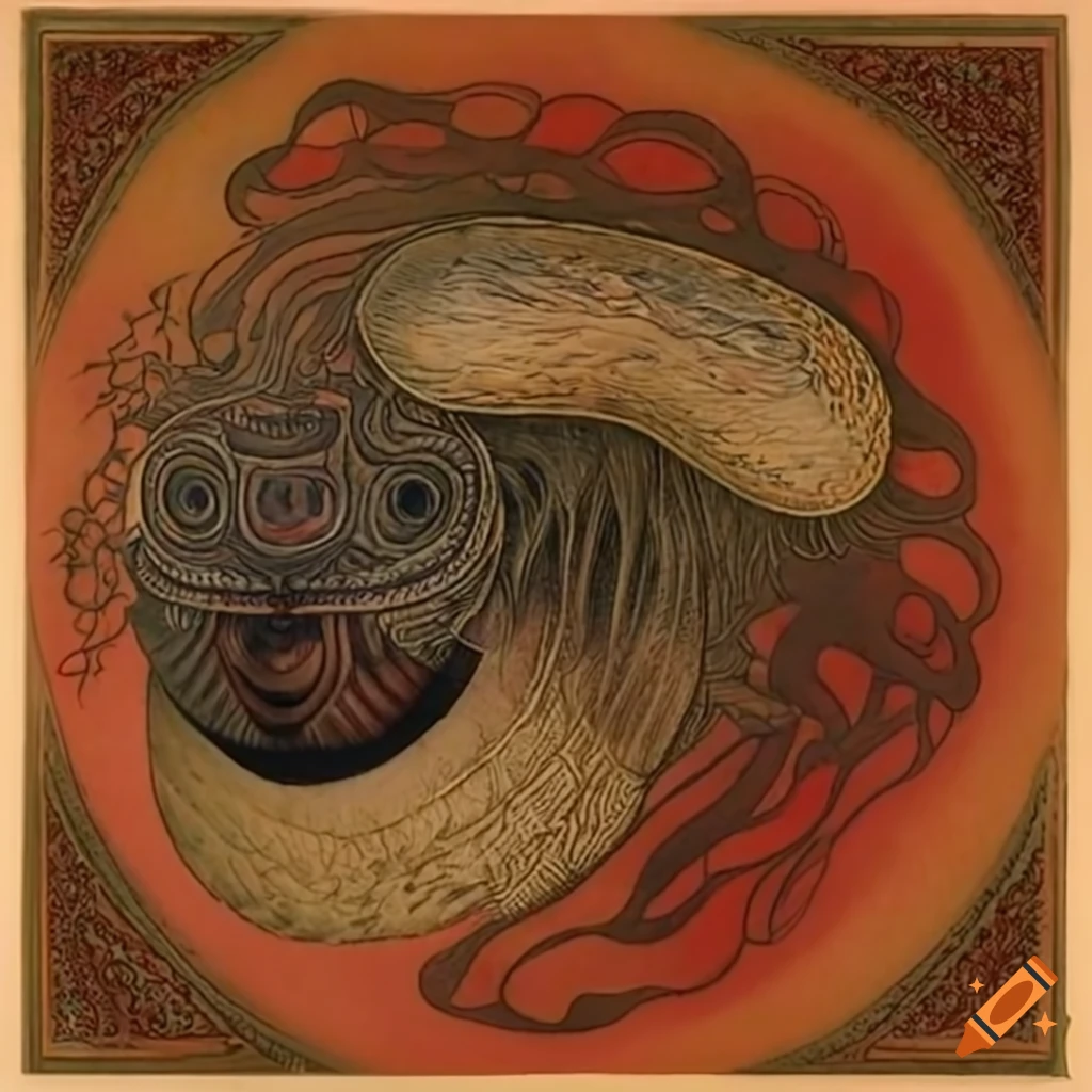 Illustration of native Salish creature and animal motifs with spirit masks and tattoos