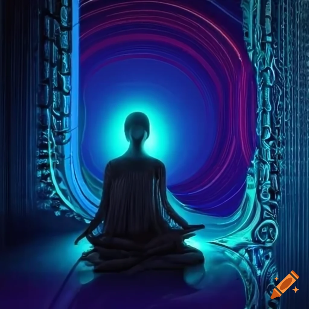 Futuristic enlightened spiritual figure in a neon-lit setting