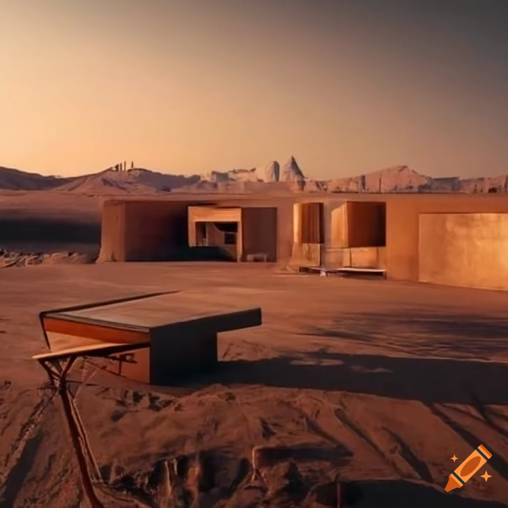 Modern house with Le Corbusier furniture in an arid desert landscape