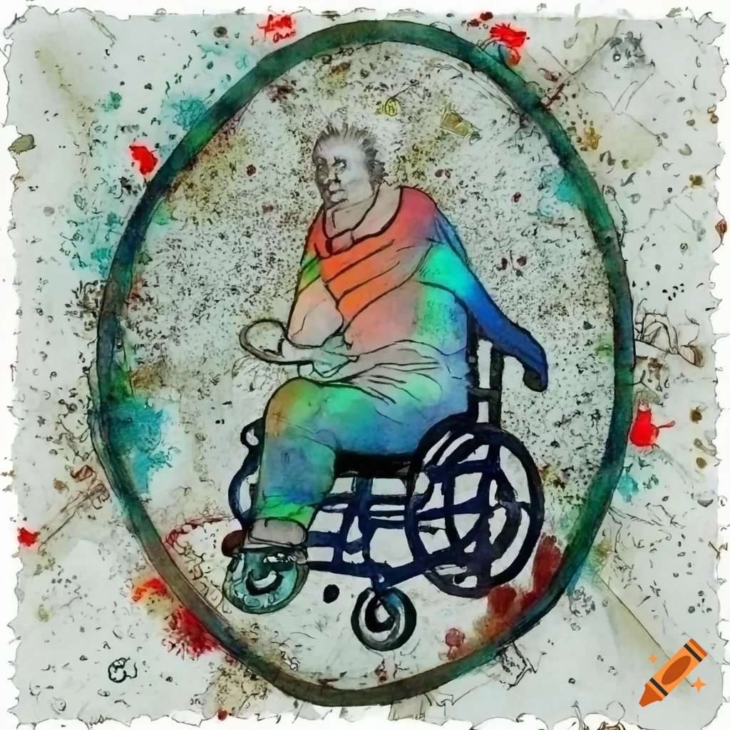 Anamorphic maggot in a wheelchair graphic drawing