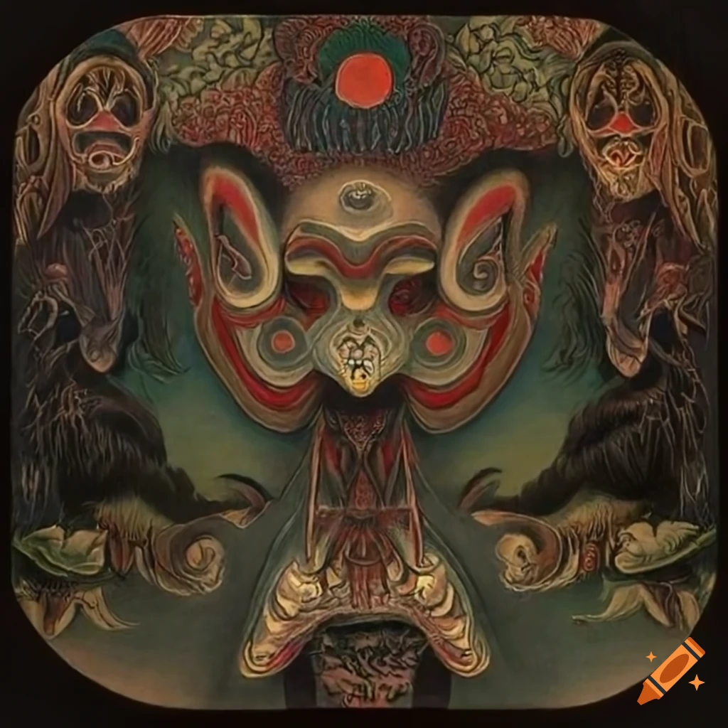 Illustration of native Salish creature motifs, spirit masks, and tattoos in photorealistic style by Wenjing Yang, Theodor Kittelsen, and Hilma af Klint