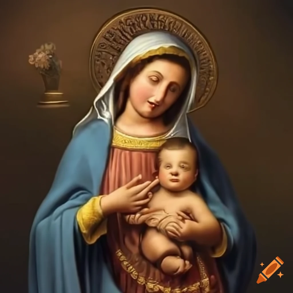 Virgin Mary looking kindly at baby Jesus
