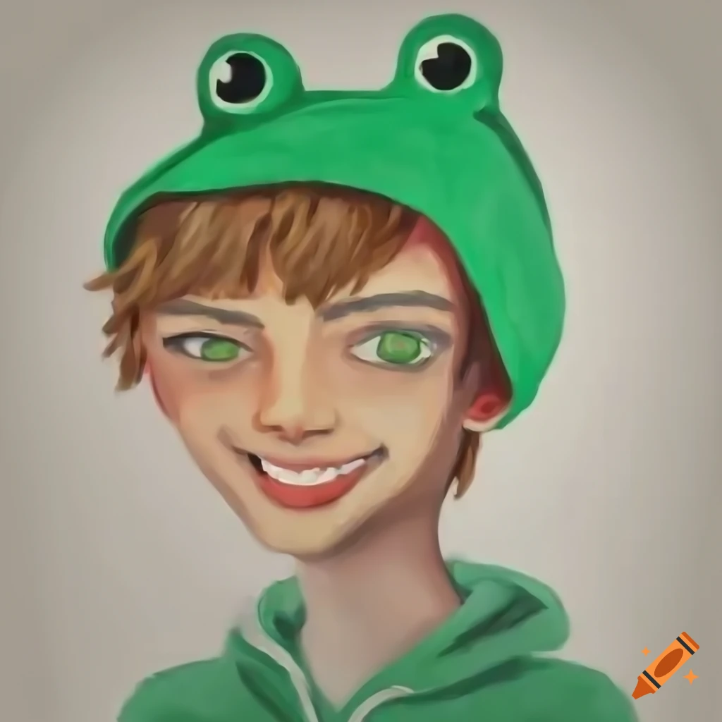Cartoony guy with green jacket, frog hat, white background
