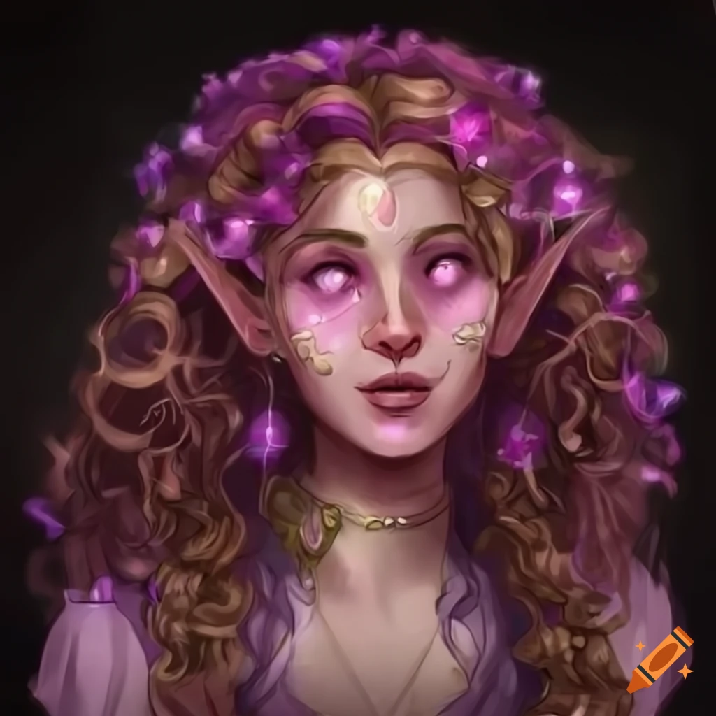 Dnd Fey druid character with curly brown hair, pink streaks, and purple-green eyes