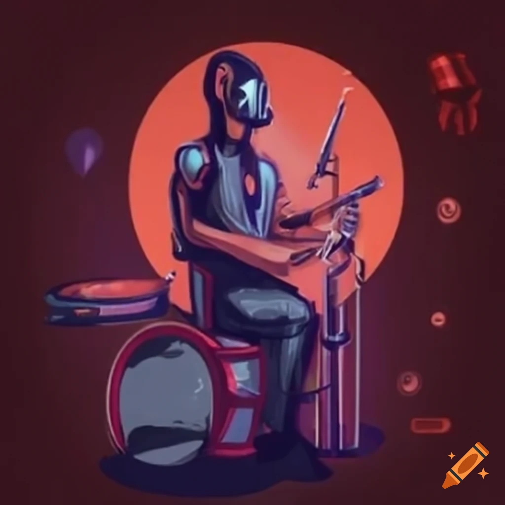 Drummer with electrifying instruments in an electric background