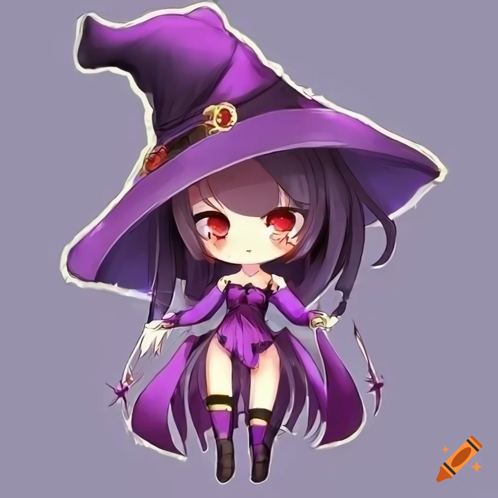 Purple hair red-eyed witch chibi anime girl
