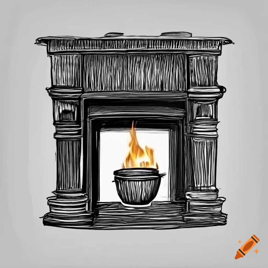 Black and white sketch of a fireplace with a pot on the hearth