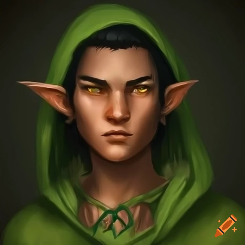 Young male elf druid with black hair and green hood