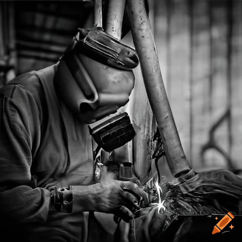Welder working on biomechanic structures in a noir setting