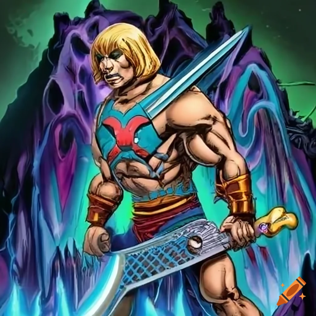 He-Man battling Nebulor with Medusa's petrifying gaze on Skrellion shock troops
