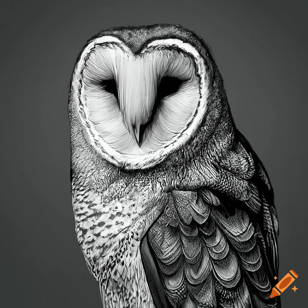 Highly detailed black and white line art of a white barn owl staring deeply