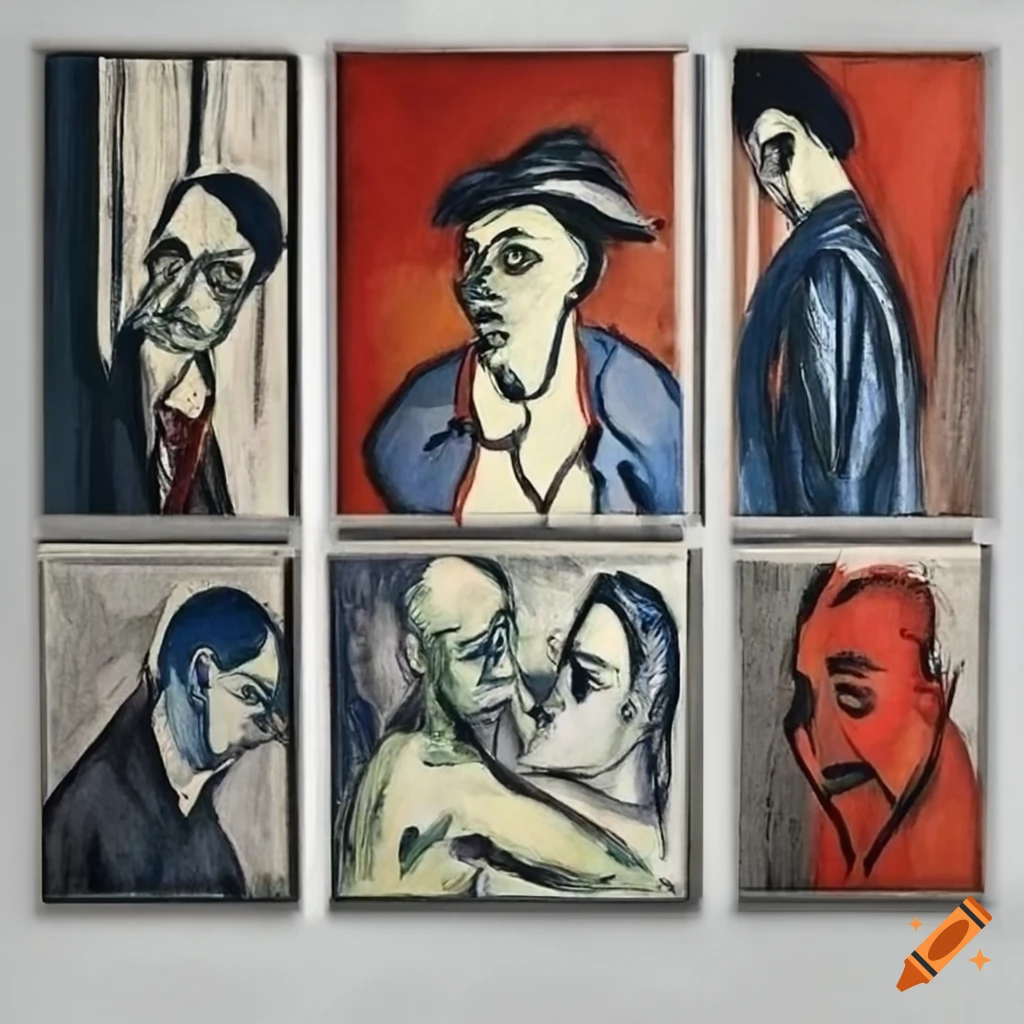 Portrait of four older men in drawing with sharp thin lines and blue, ocher, vermilion tones
