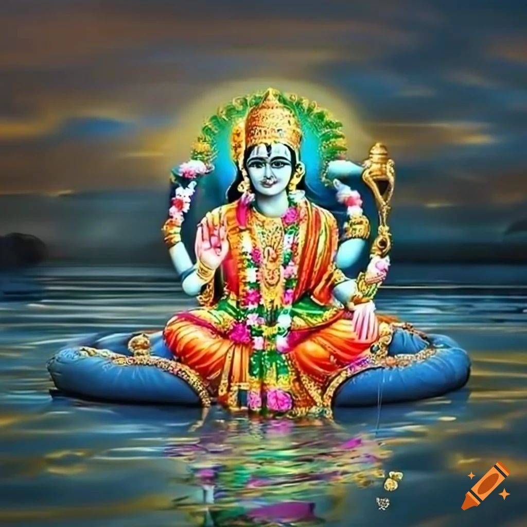 Lord Vishnu and Goddess Laxmi on Sheshnaag in a mystic pond