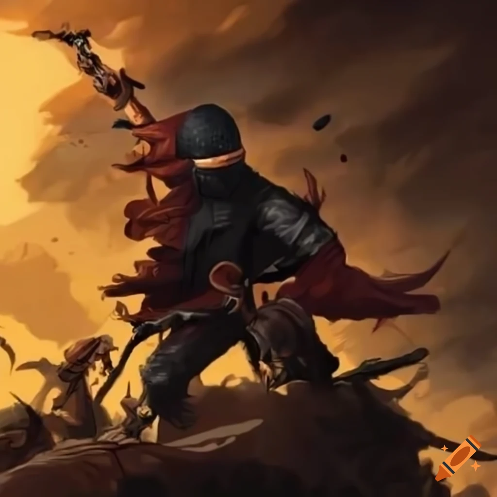 Ninja infantry soldier leading an army of soldiers on horses