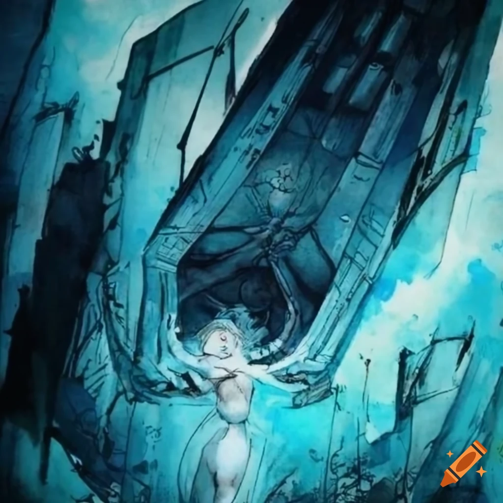 Intricate watercolor depiction of a high-tech underworld inspired by William Blake and Katsuhiro Otomo