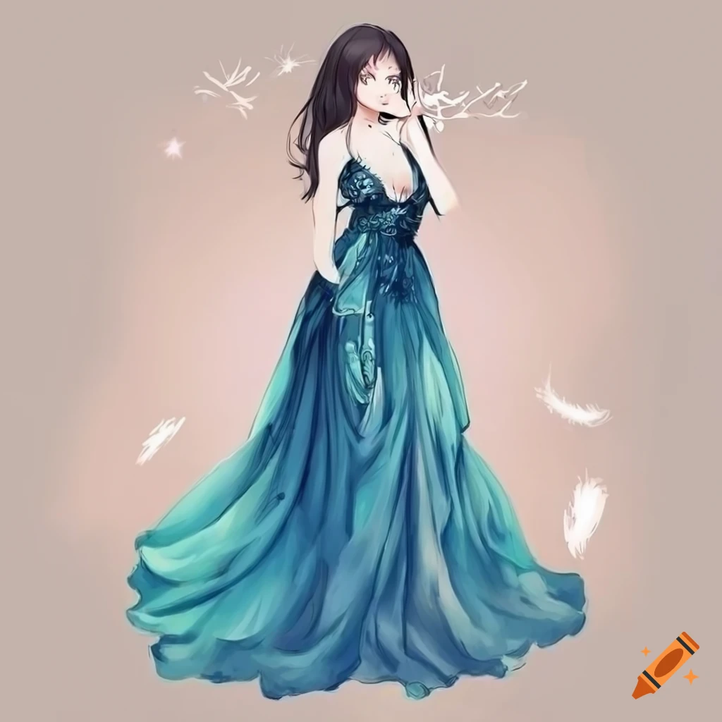Anime drawing of an elegantly dressed young woman in a night gown