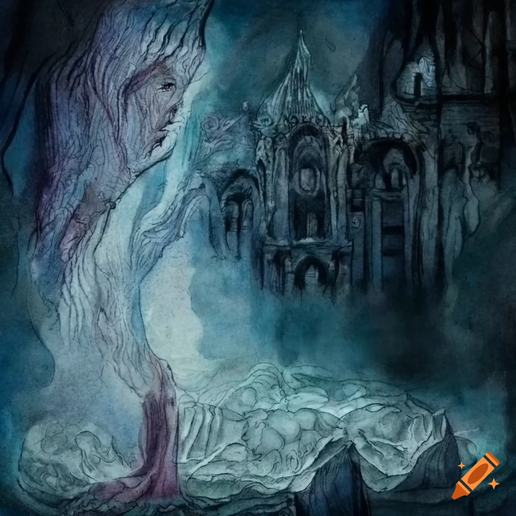 Intricate watercolor of a dark fortress under the spell of a snow queen inspired by William Blake