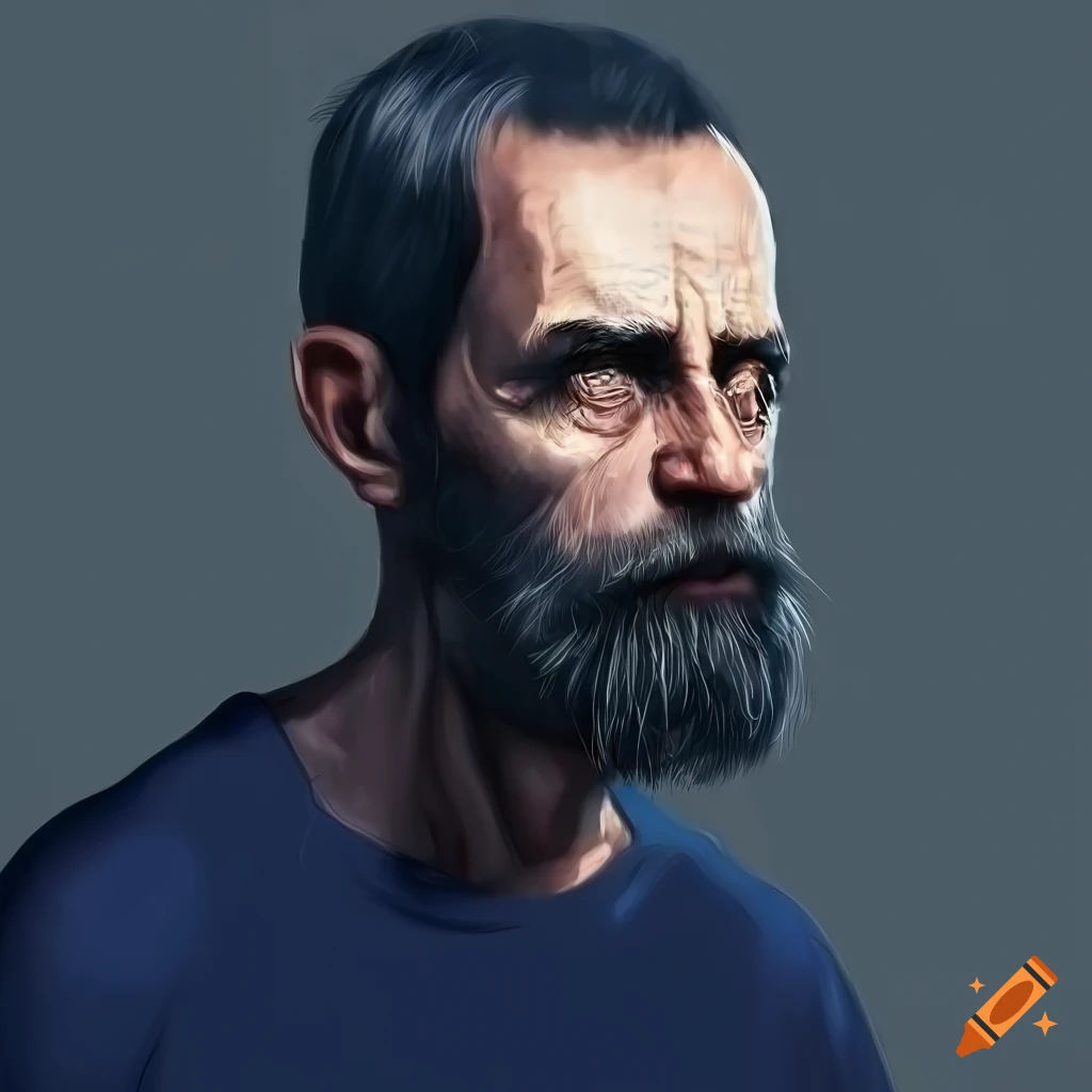 Detailed portrait of a 56 year old man with dark eyes, beard, and navy blue sweater