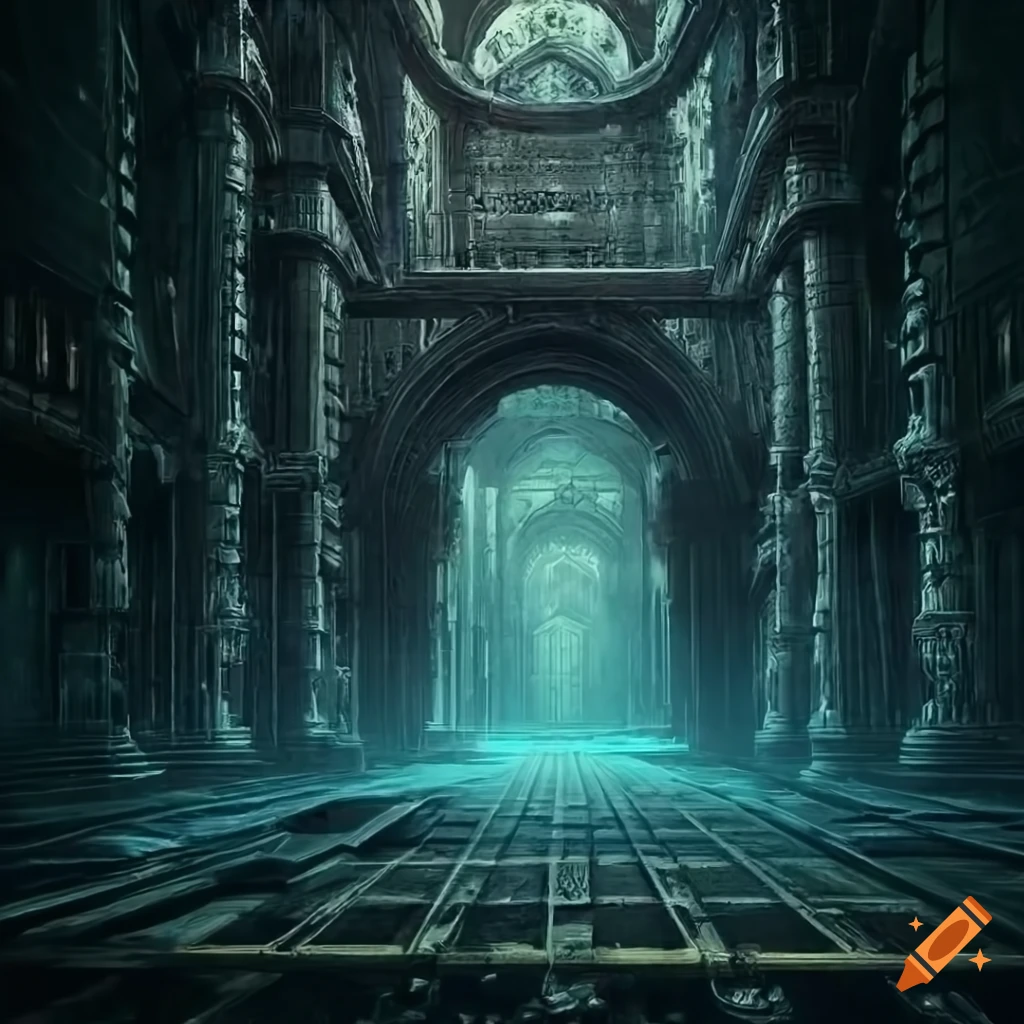 View of the monumental gothic library Librarius Omnis with symmetrical bridges