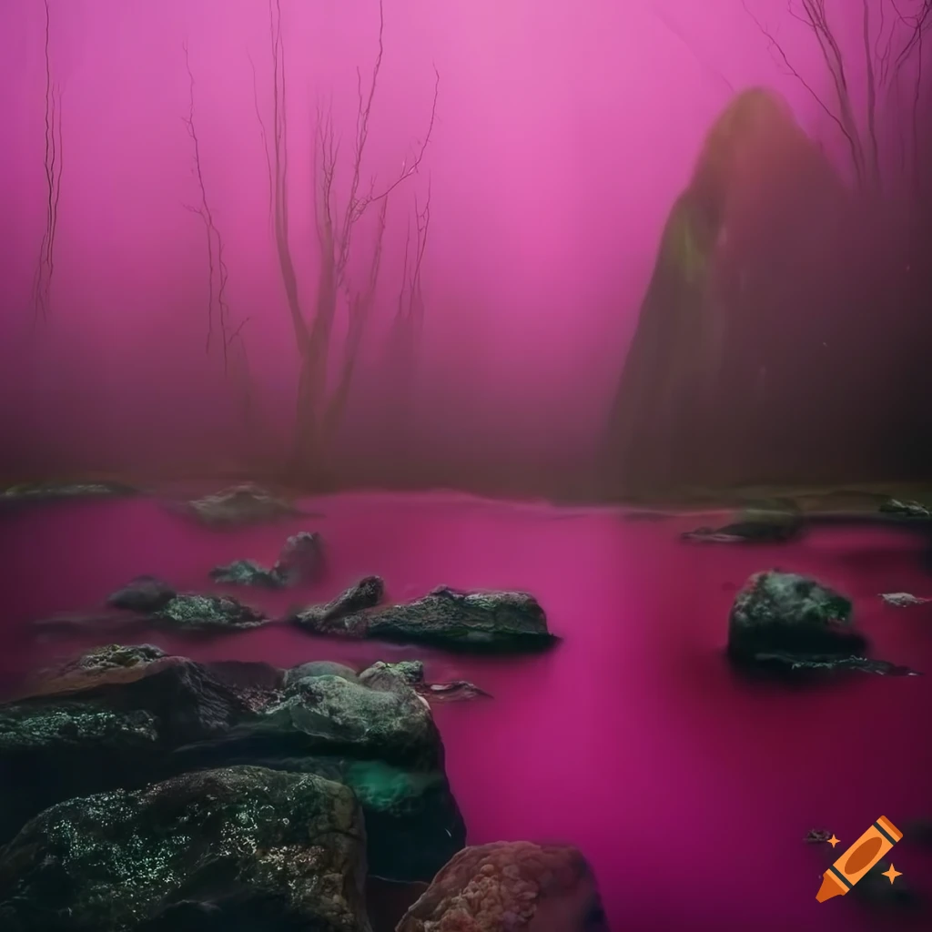 Ethereal pink rain on the imaginative planet of Fleuravane with vibrant rocks