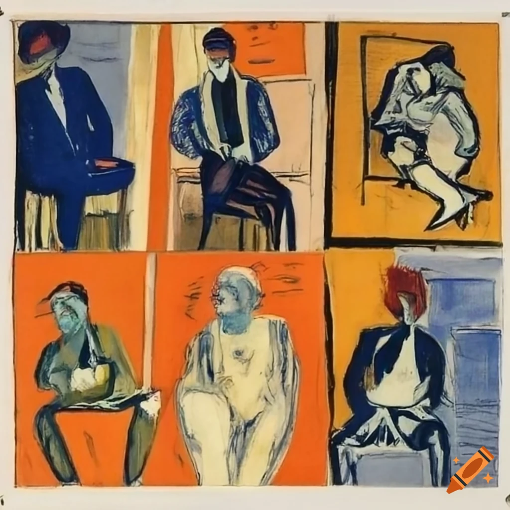Four older men engaged in conversation in an artistic drawing with sharp thin lines and varied tones