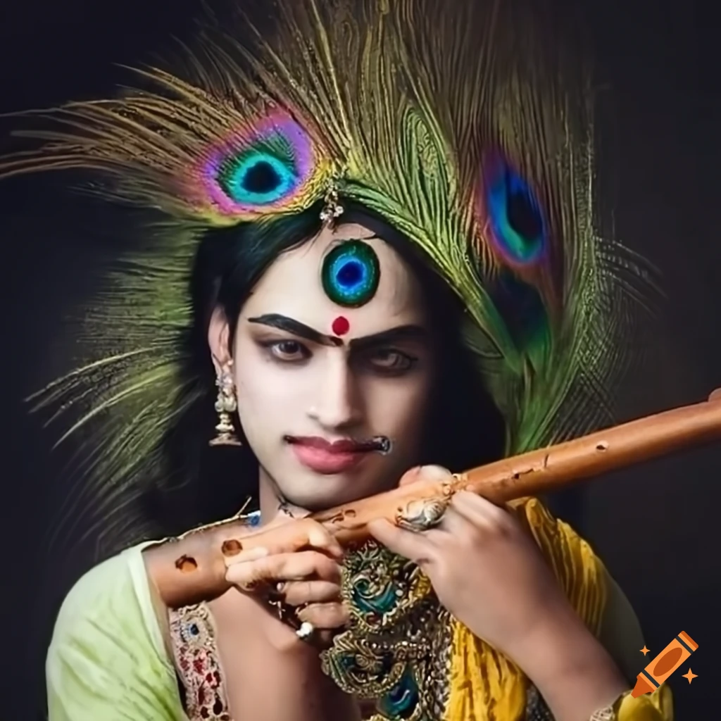 Krishna playing flute with a peacock feather in Vrindavan