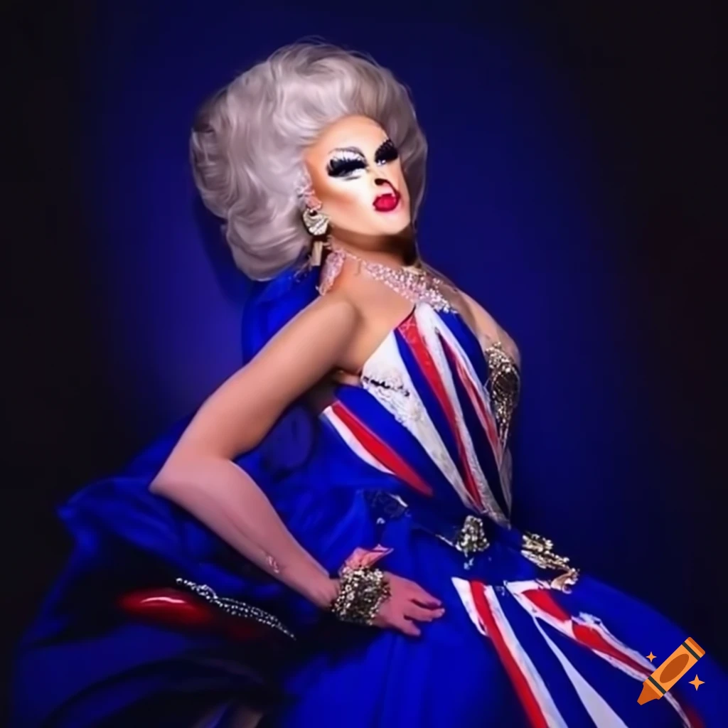 Glamorous British drag queen in Union Jack gown on Craiyon