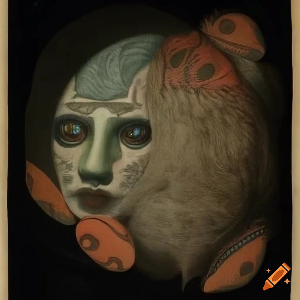 Illustration of native Salish creature motifs, spirit masks, and tattoos in photorealistic style by Wenjing Yang, Theodor Kittelsen, and Hilma af Klint