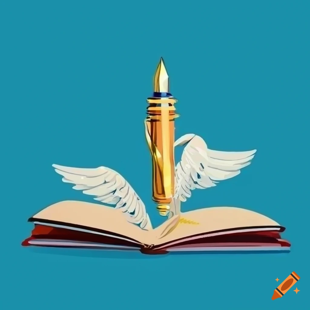 Minimalist illustration of a winged fountain pen with notebook on the world