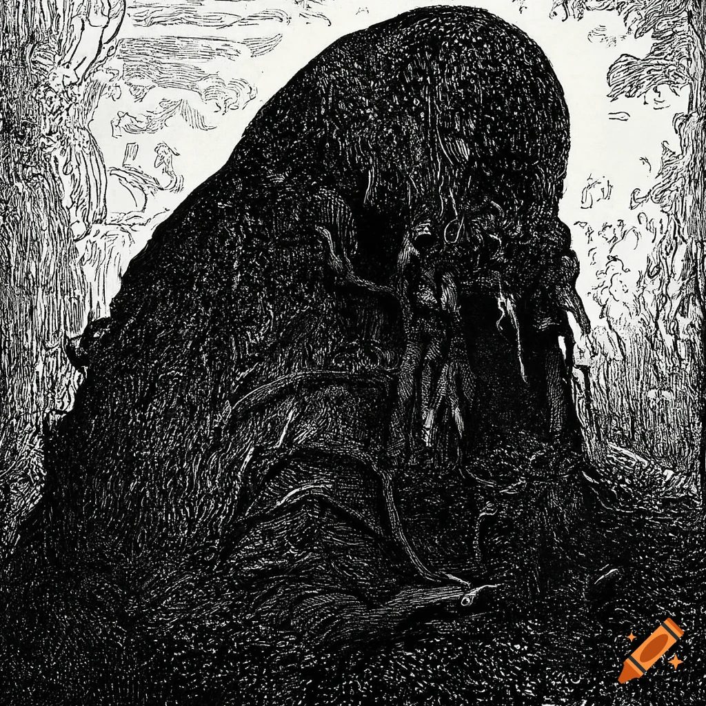 Giant multi-legged blob creature in black and white ink drawing by Gustave Doré