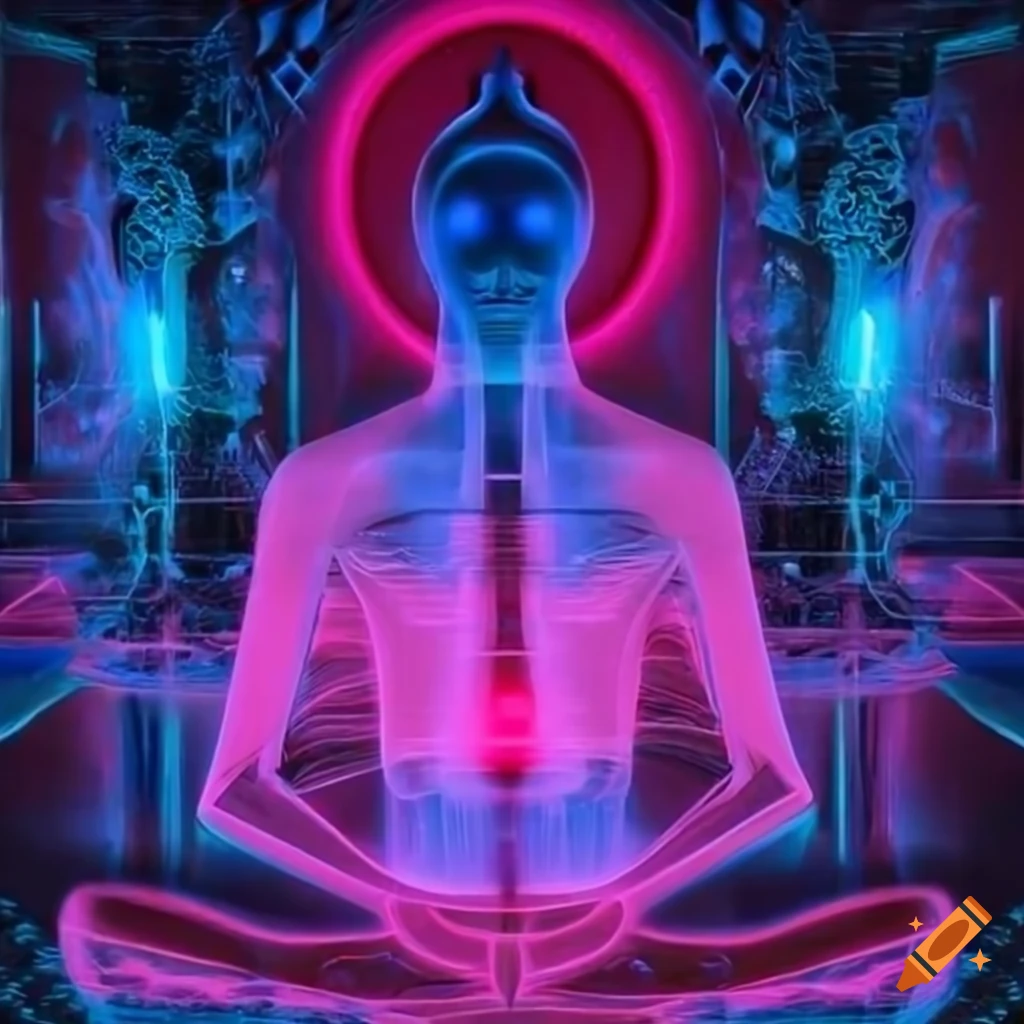 Futuristic enlightened spiritual figure in a neon-lit setting
