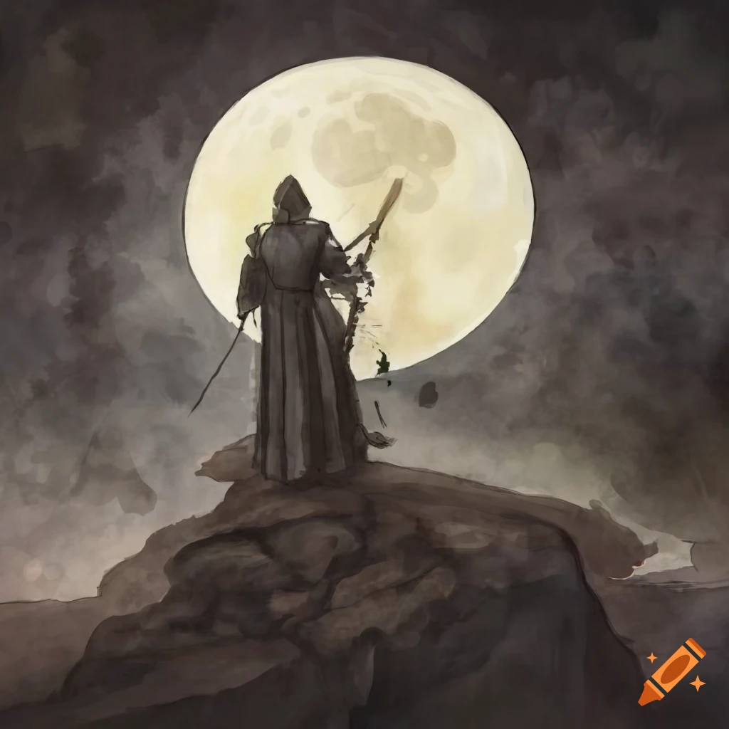Moody black and white drawing of a knight standing on a cliff with skeletons, looking up at the moon