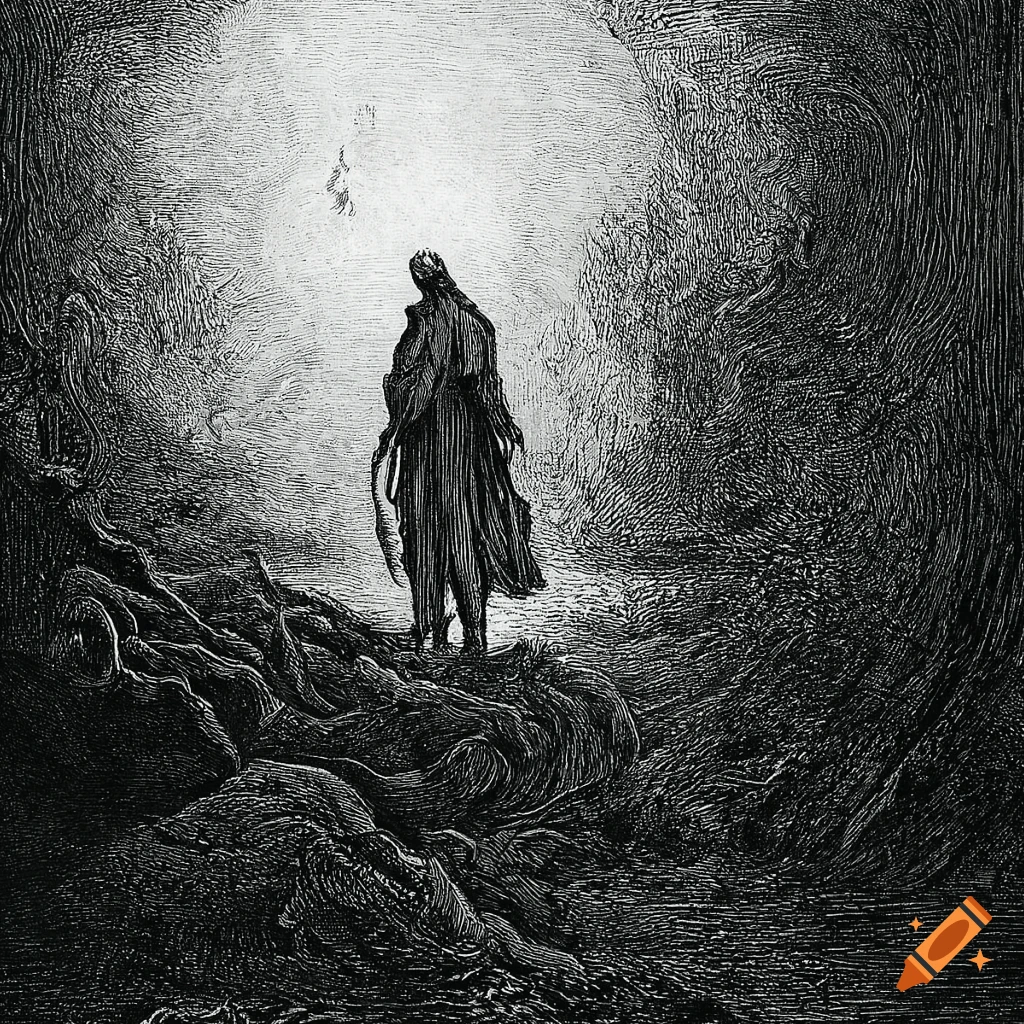 Wanderer above the sea of fog black and white ink drawing by Gustave Doré