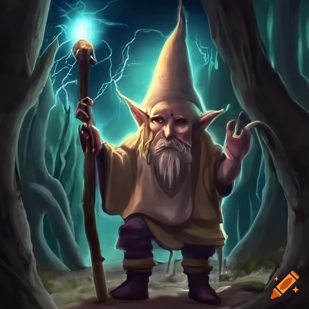 Forest gnome wizard with lightning staff surrounded by old tomes