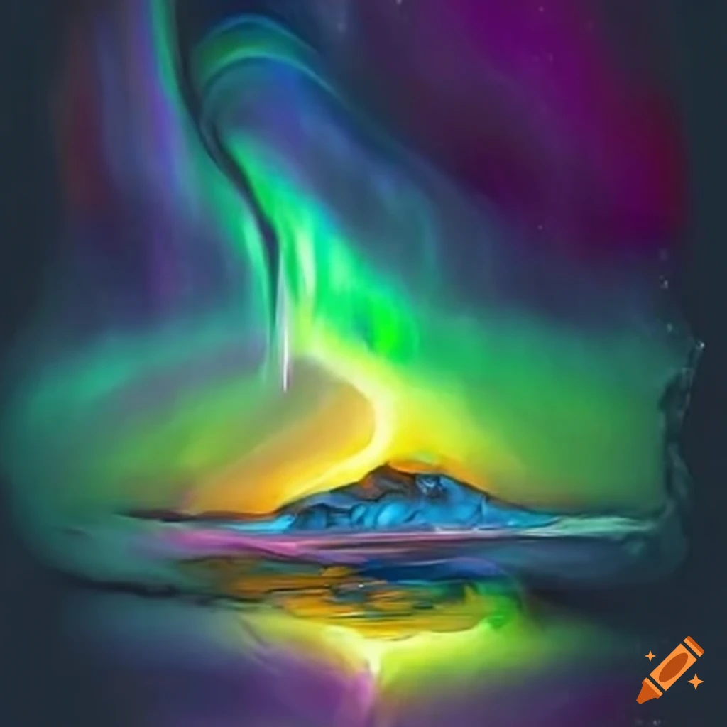 Moon with northern lights and water splashing underneath