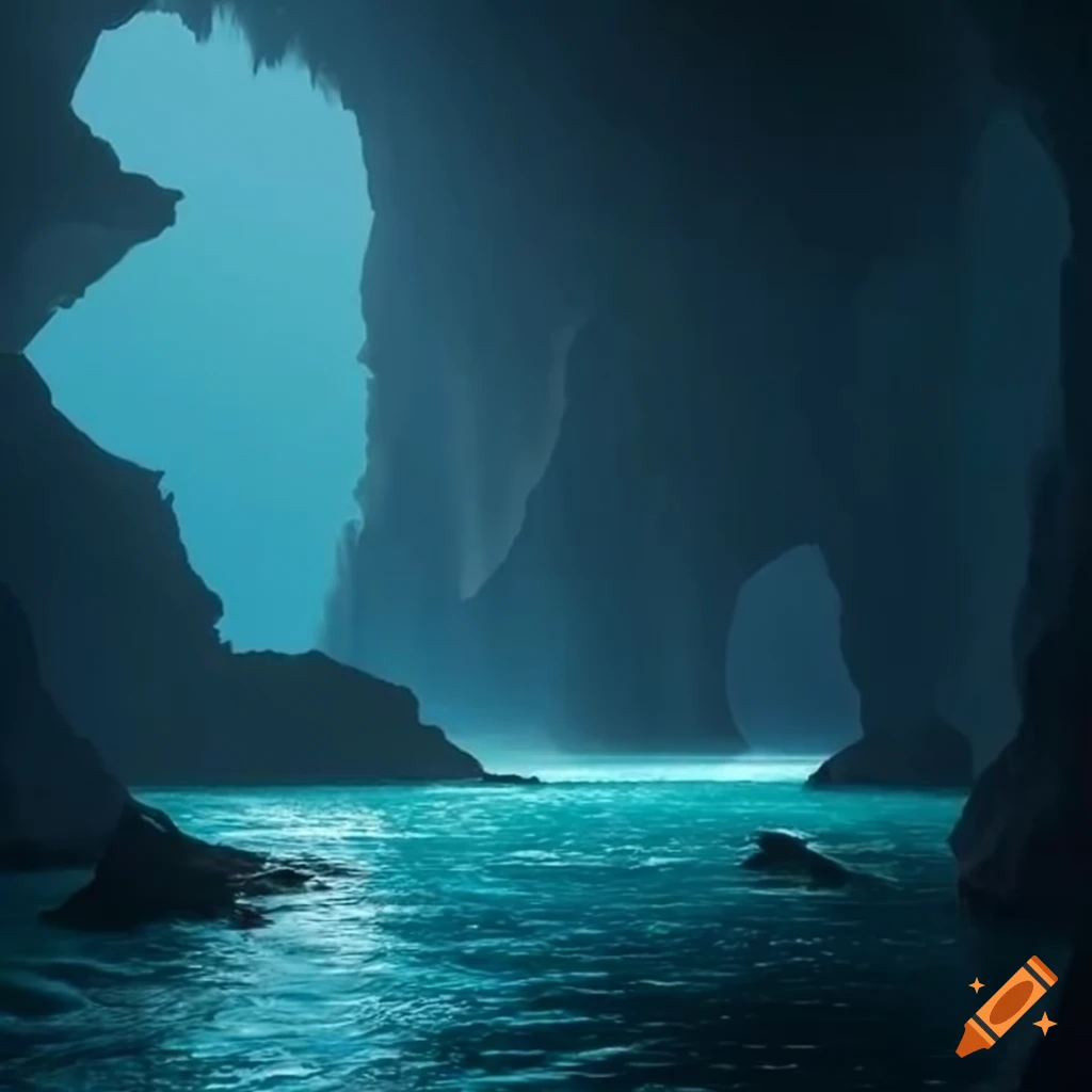 Deep cavern cliff with sea vents and smoke