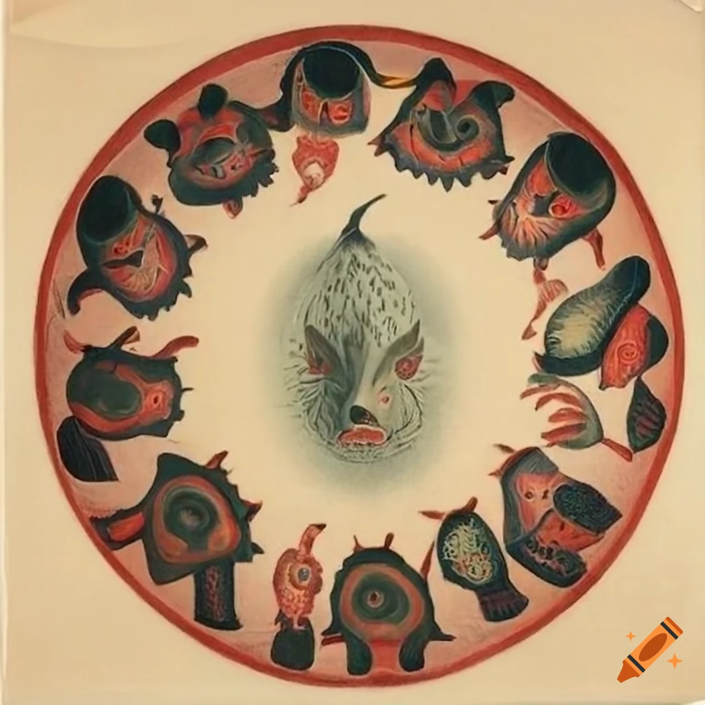 Illustration of native Salish creature and animal motifs with spirit masks and tattoos