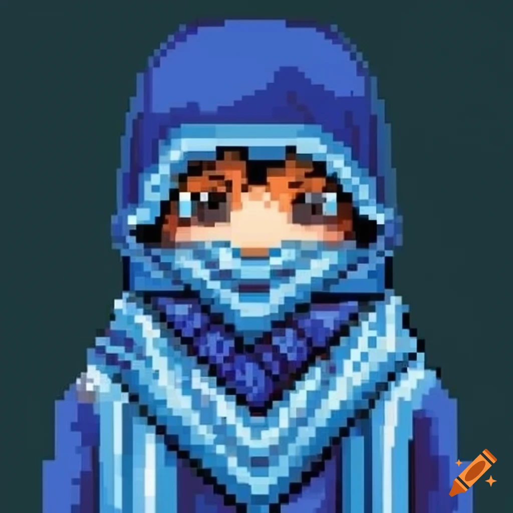 Pixel art of a boy in blue clothes with a hankerchief covering his face