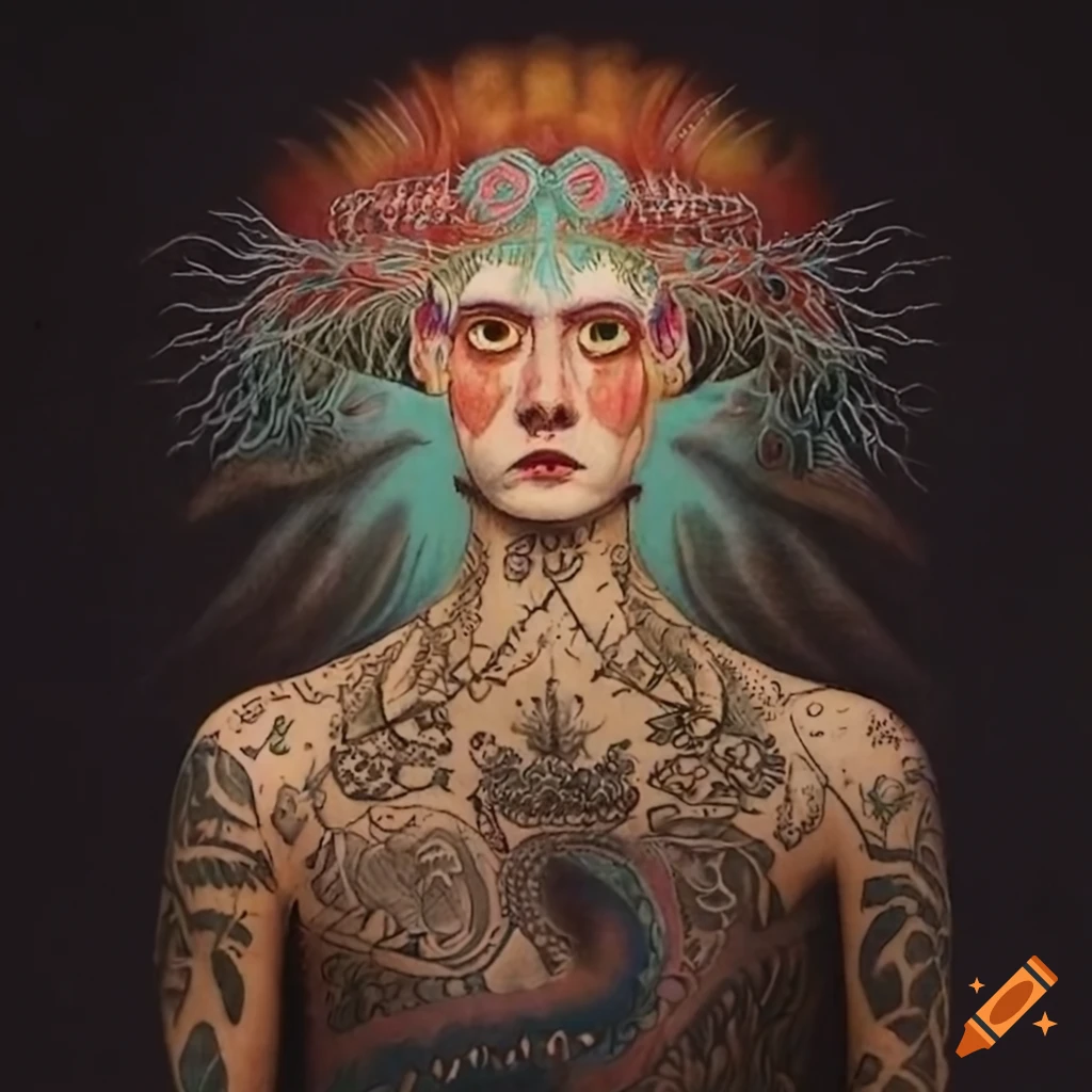 Illustration of native Salish creature and animal motifs with spirit masks and tattoos